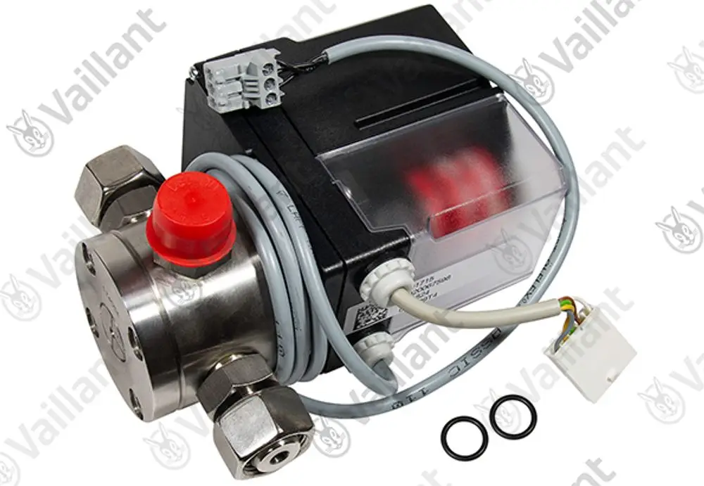 Vaillant Umschaltventil mit rotem Druckknopf, elektrischen Anschlüssen und Edelstahlgehäuse. O-Ringe sind im Lieferumfang enthalten.